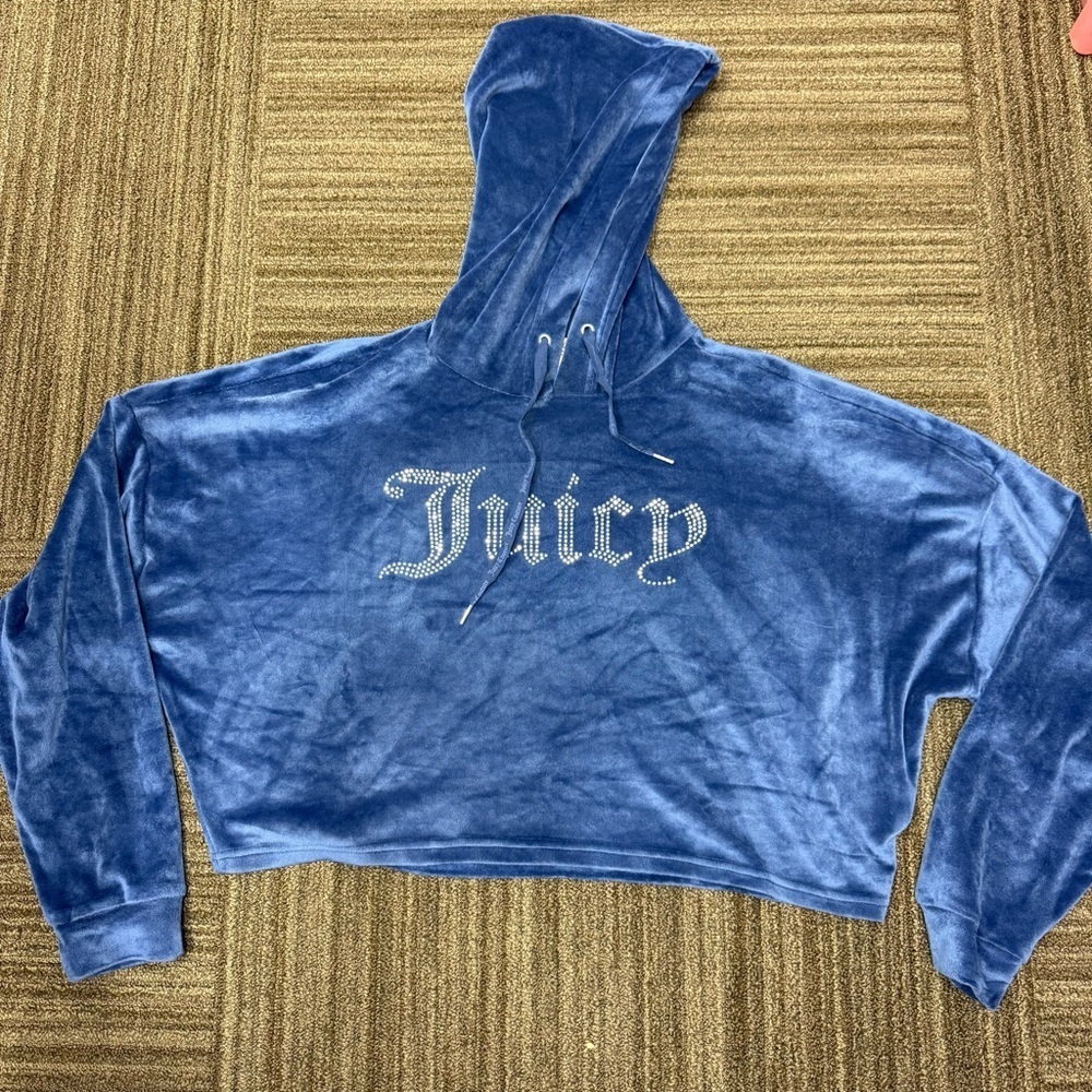 Juicy Couture Blue Velour Cropped Hoodie with Rhinestone Gem Juicy Lettering